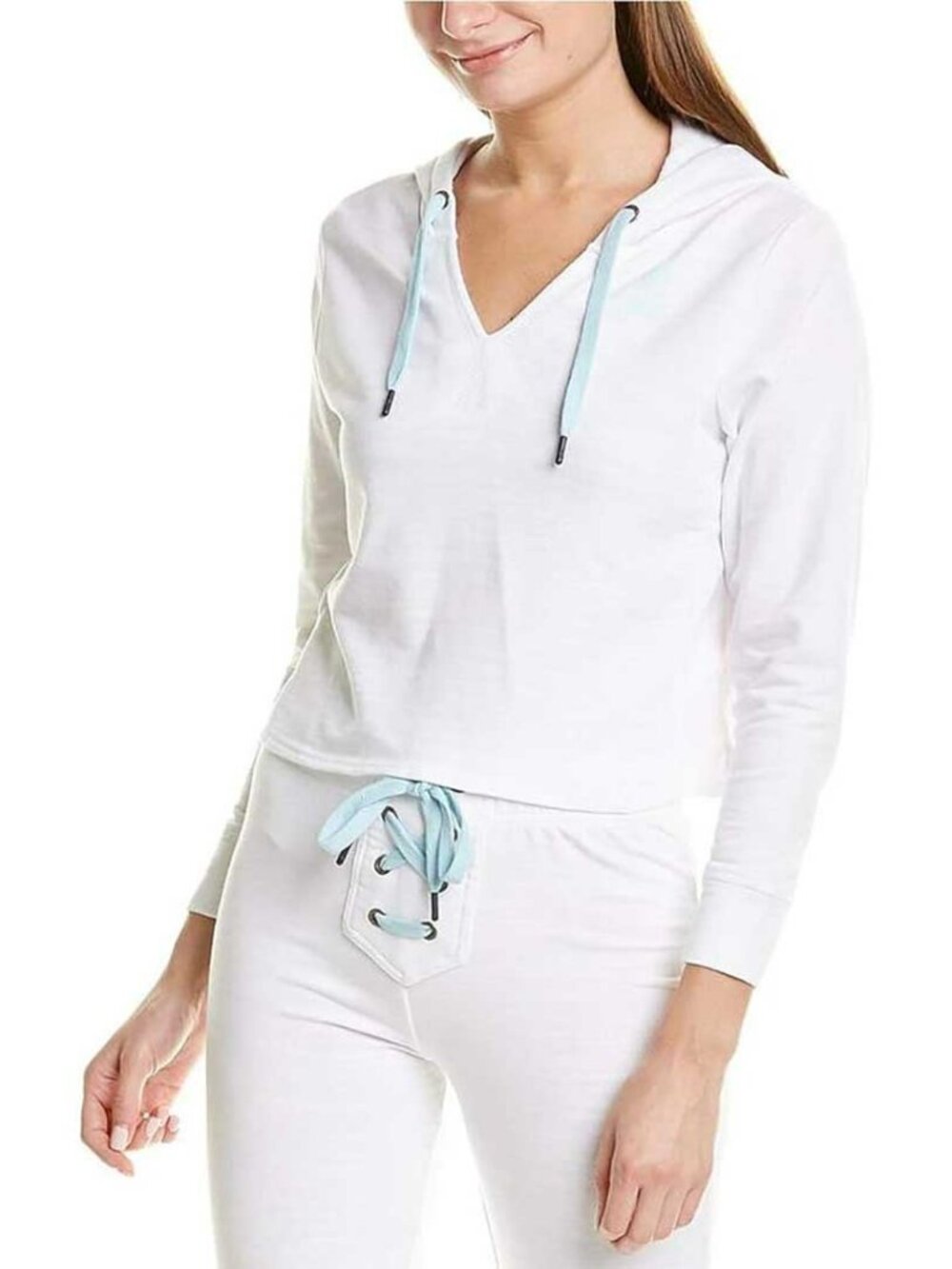 Psycho Bunny Women's Lounge Long Sleeve V-neck Cropped Hoodie Top, White, Small